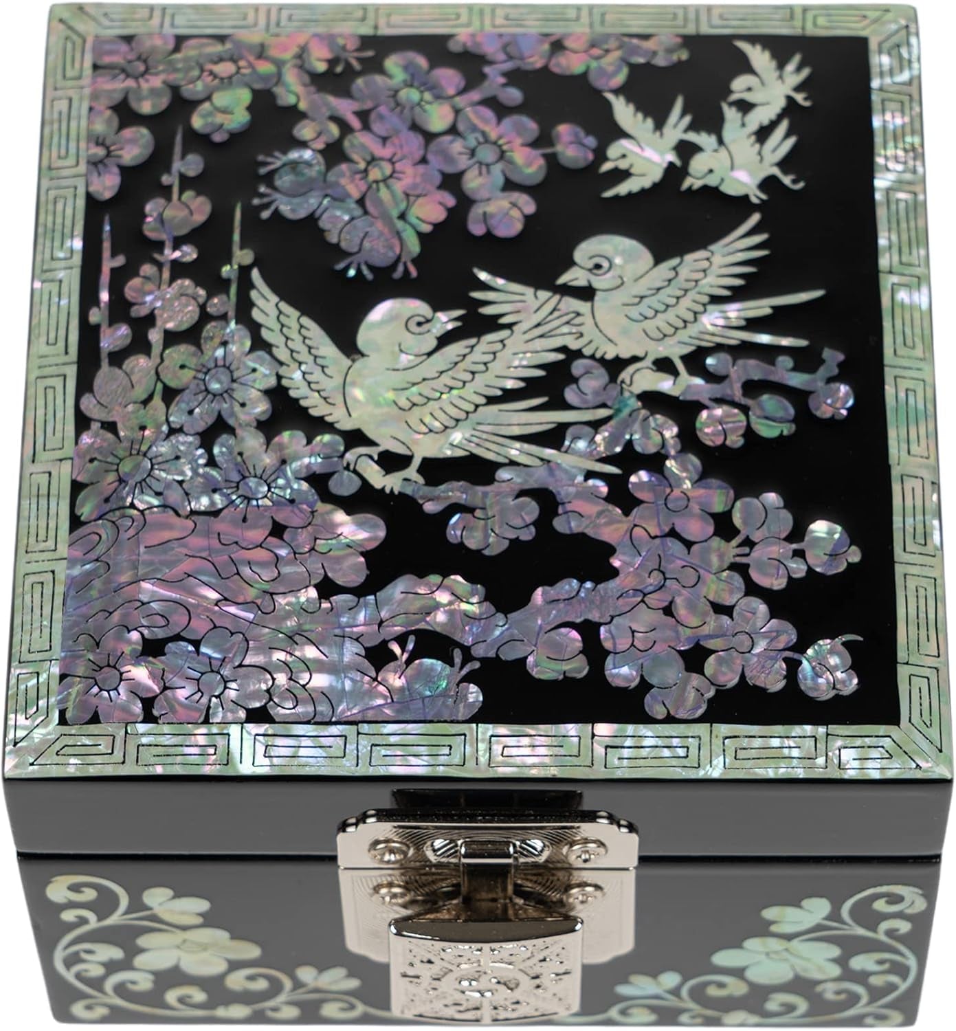 Mother of Pearl MINI Wooden Jewelry Box with Mirror Lid (Plum Blossom)