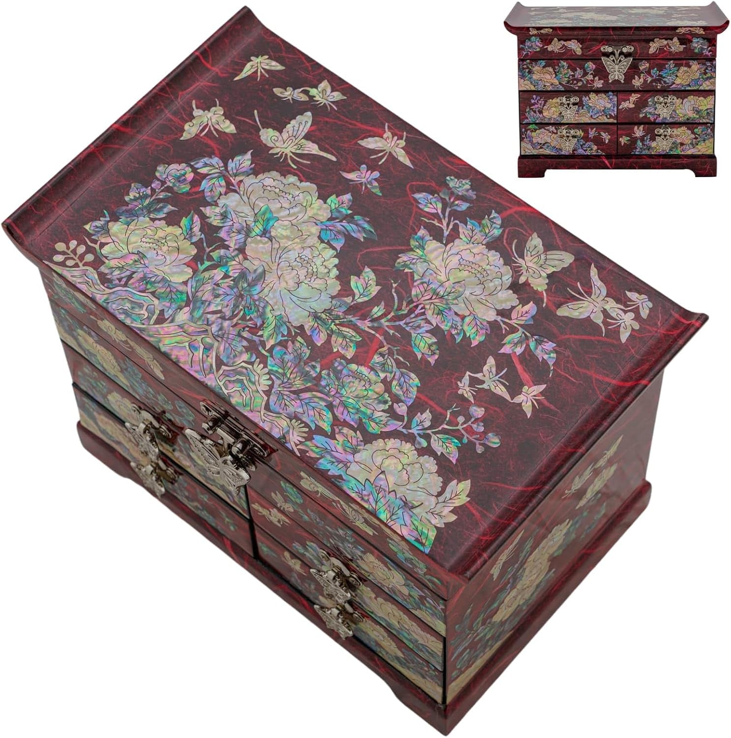 Mother of Pearl Wooden Jewelry Organizer Box – Jewelry Storage Box for Women, Features Spacious Drawers, Ideal for Rings, Bracelets, Watches, Chains, Accessories