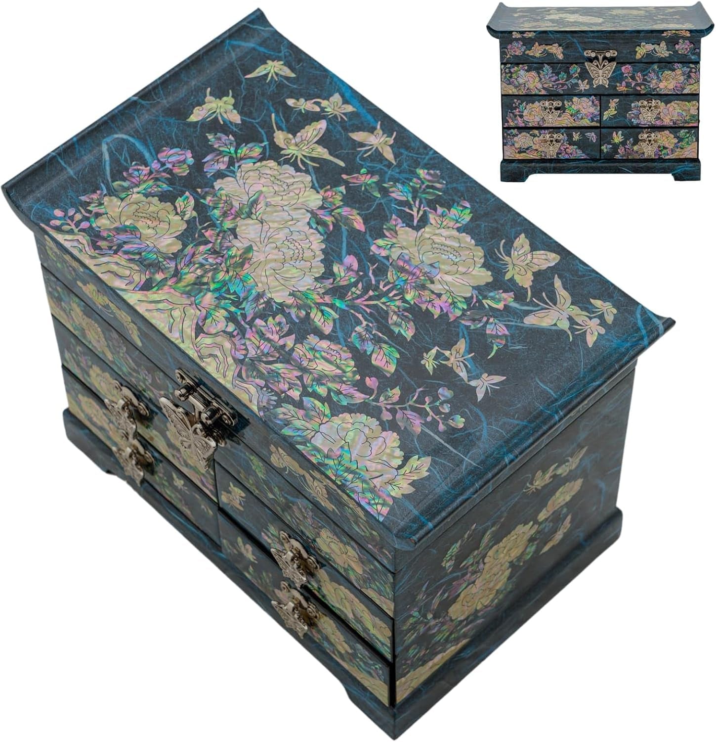 Mother of Pearl Wooden Jewelry Organizer Box – Jewelry Storage Box for Women, Features Spacious Drawers, Ideal for Rings, Bracelets, Watches, Chains, Accessories (Peony_Blue)