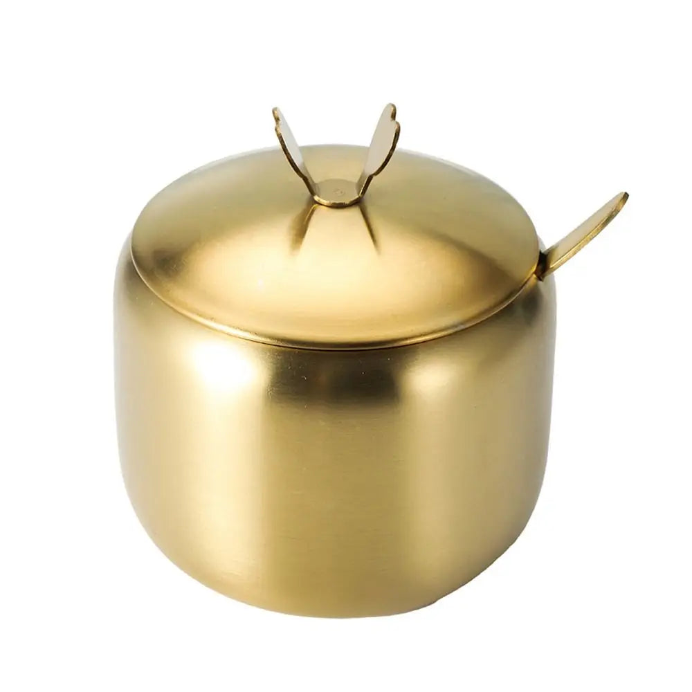 Gold Silver Sugar Bowl With Spoon Lid Stainless Steel Small Condiment Container Large Capacity Seasoning Pot Kitchen Spices Jar