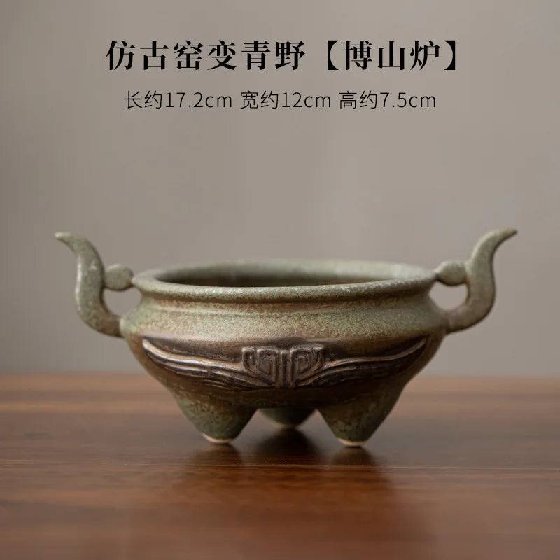Antique Kiln Change Green Field Incense Stove Treasure Bowl Line Aromatherapy Furnace Consecrate Buddha Triangle Holder Ornament