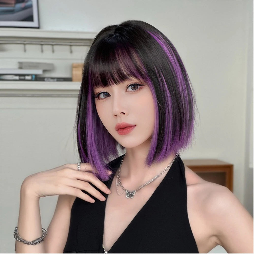 Short Laye Blackish Purple Natural Synthetic Wig with Bangs Bob Wigs for Women Cosplay Wig Heat Resistant Fiber Wig