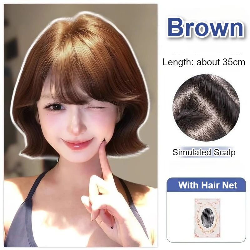14inch Korean Fluffy Short Curly Hair Wig Natural Brown Synthetic Wig Simulation Hair Wig for Woman Daily Wear Cosplay Hairpiece