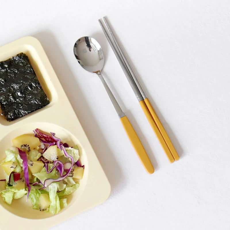 Stainless Steel Spoon & Chopsticks Set – Modern Korean Style (6 Colors)