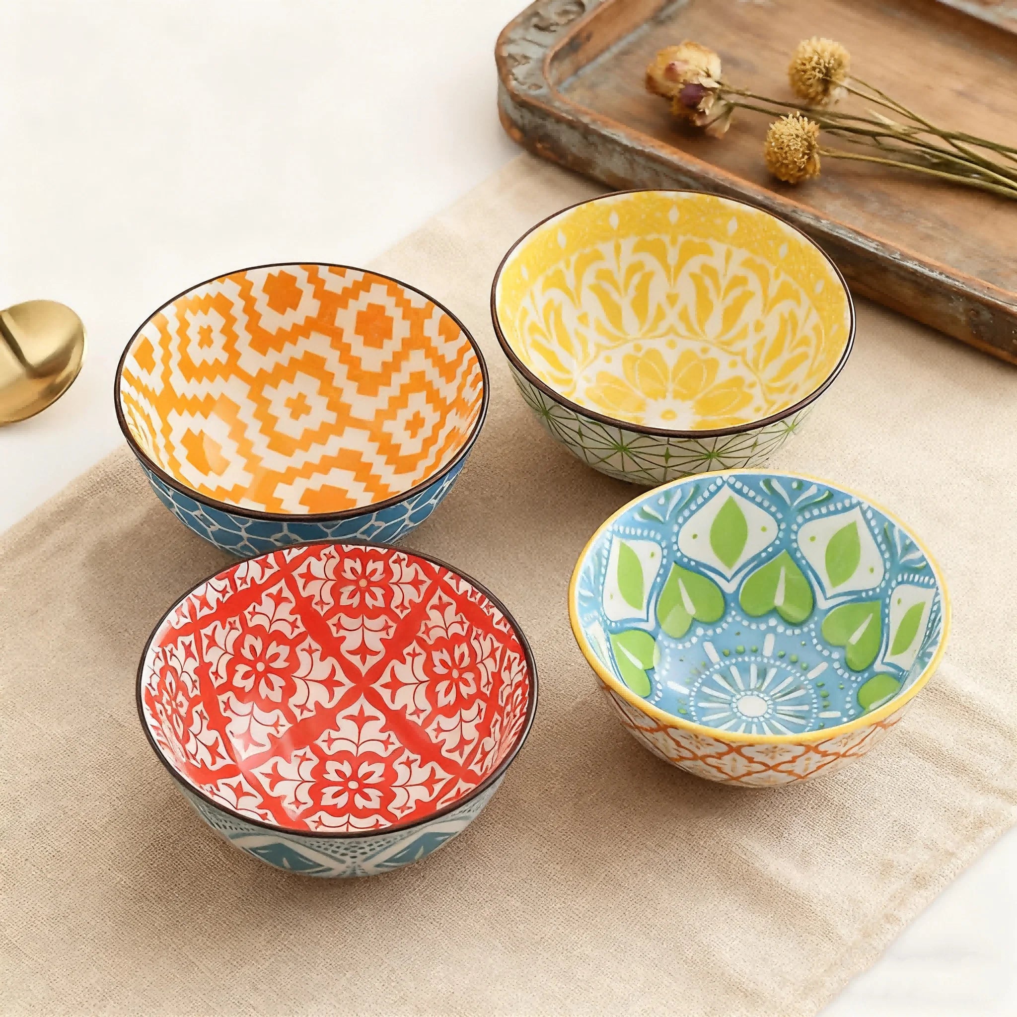 4-Piece Bohemian Ceramic Bowl Set - Salad, Dessert, Soup, Fruit, Appetizer & Snack Nut Bowls, Dishwasher & Microwave Safe
